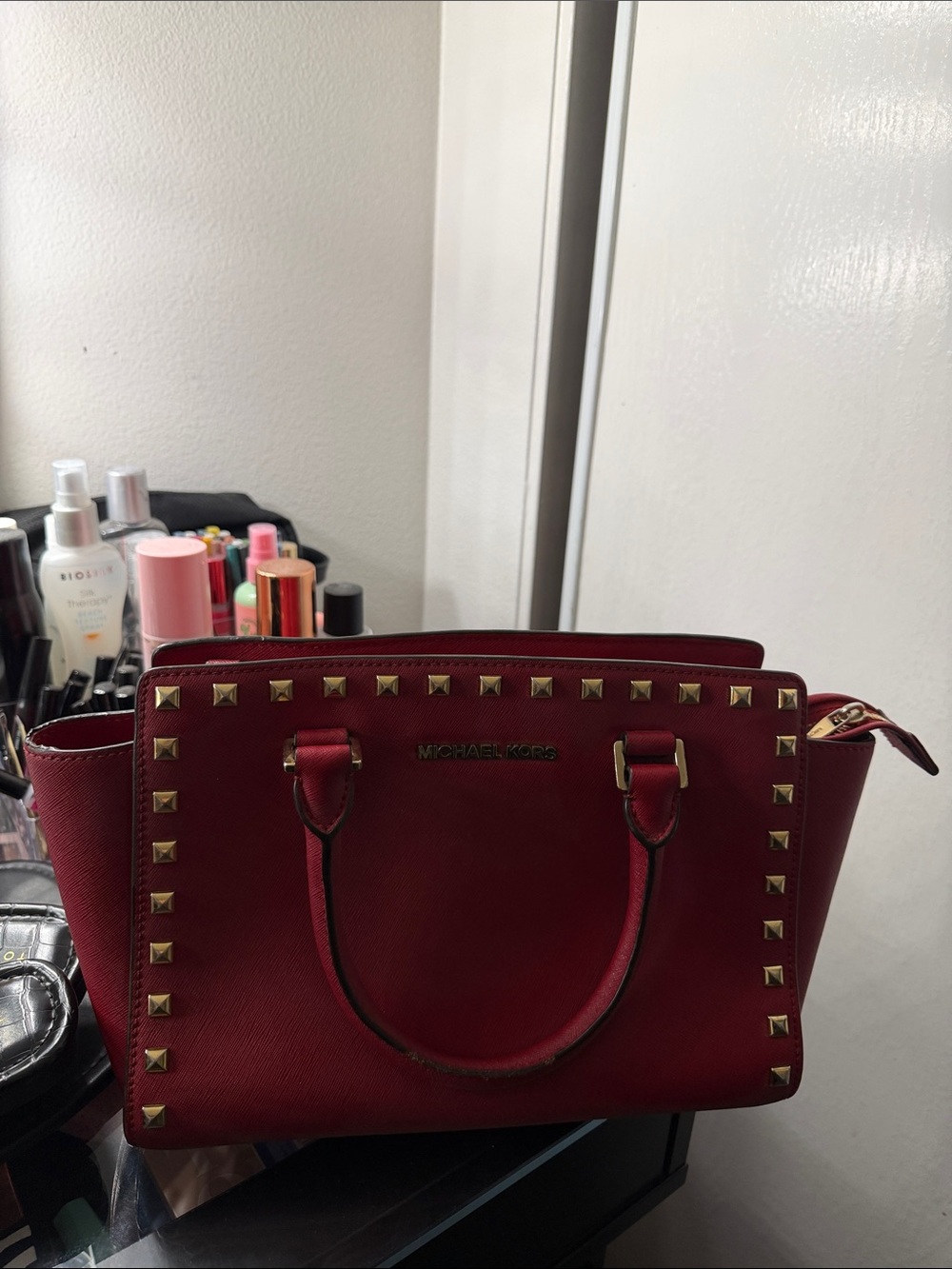 Michael Kors Burgundy Stud-Trim Saffiano Satchel